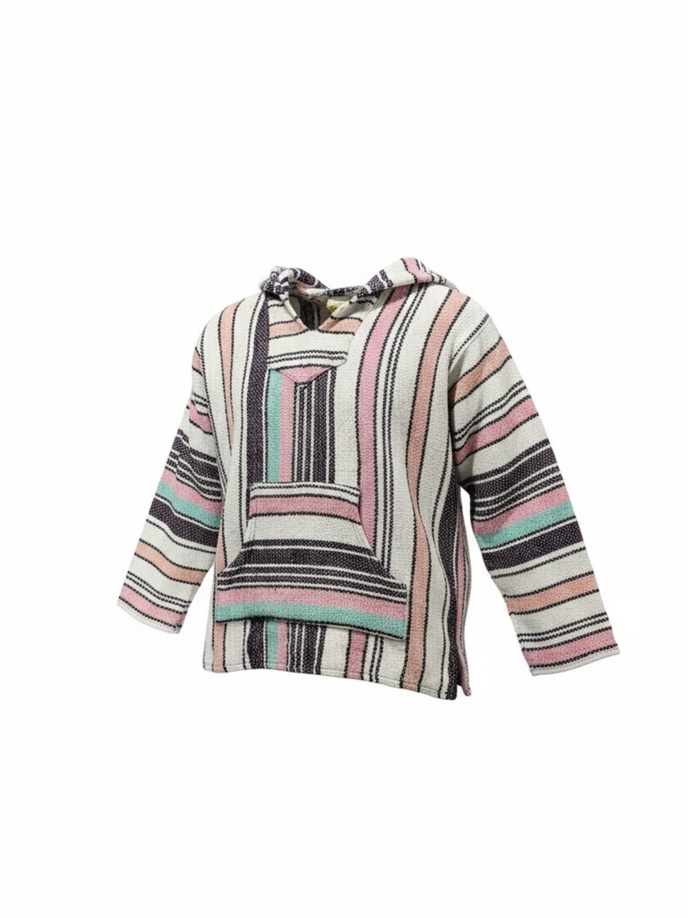 Striped Hooded Baja-Style Sweater in Pink & Minty Teal